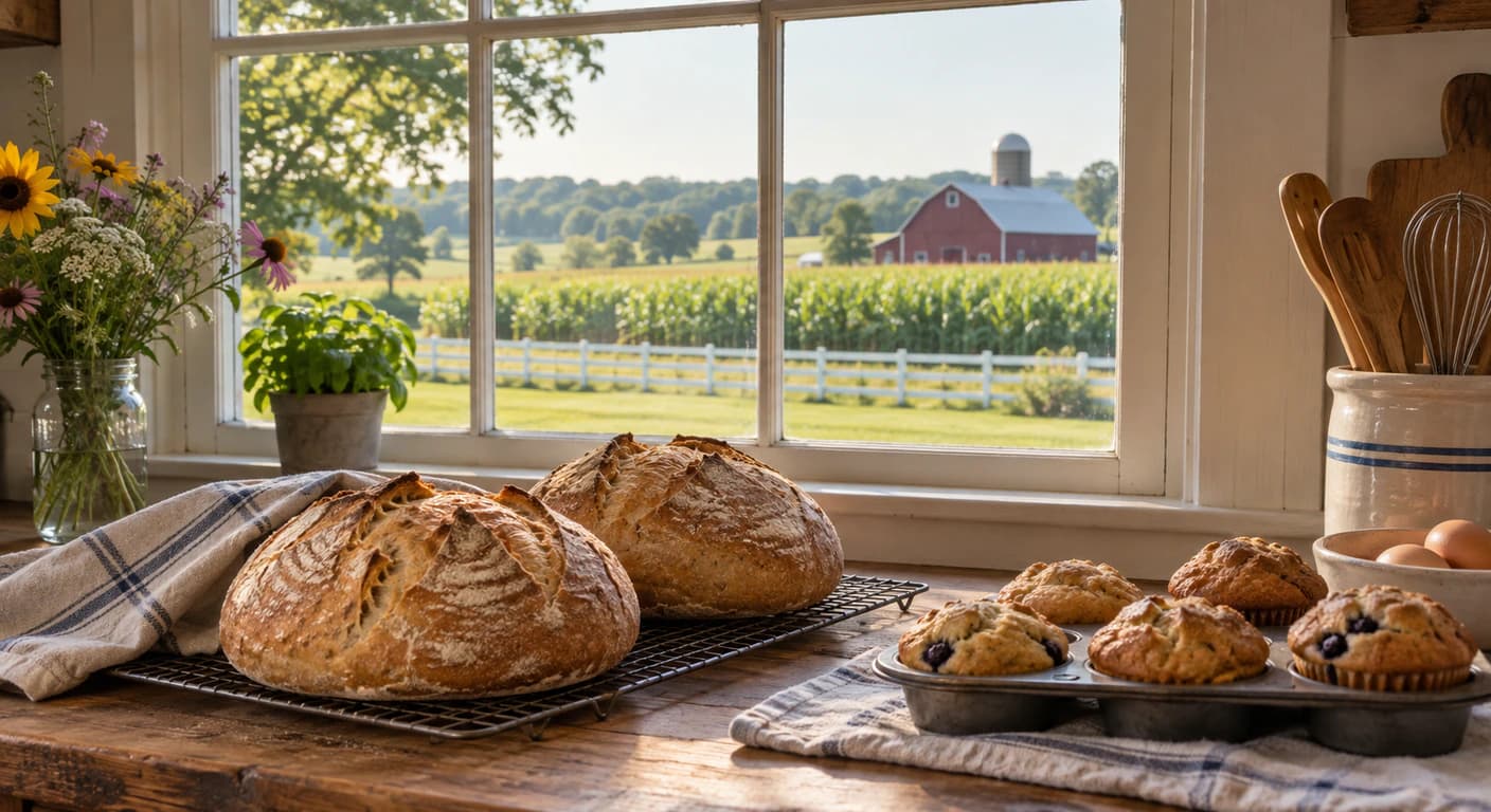 Ohio farmhouse kitchen with fresh-baked bread cooling on a wooden counter
