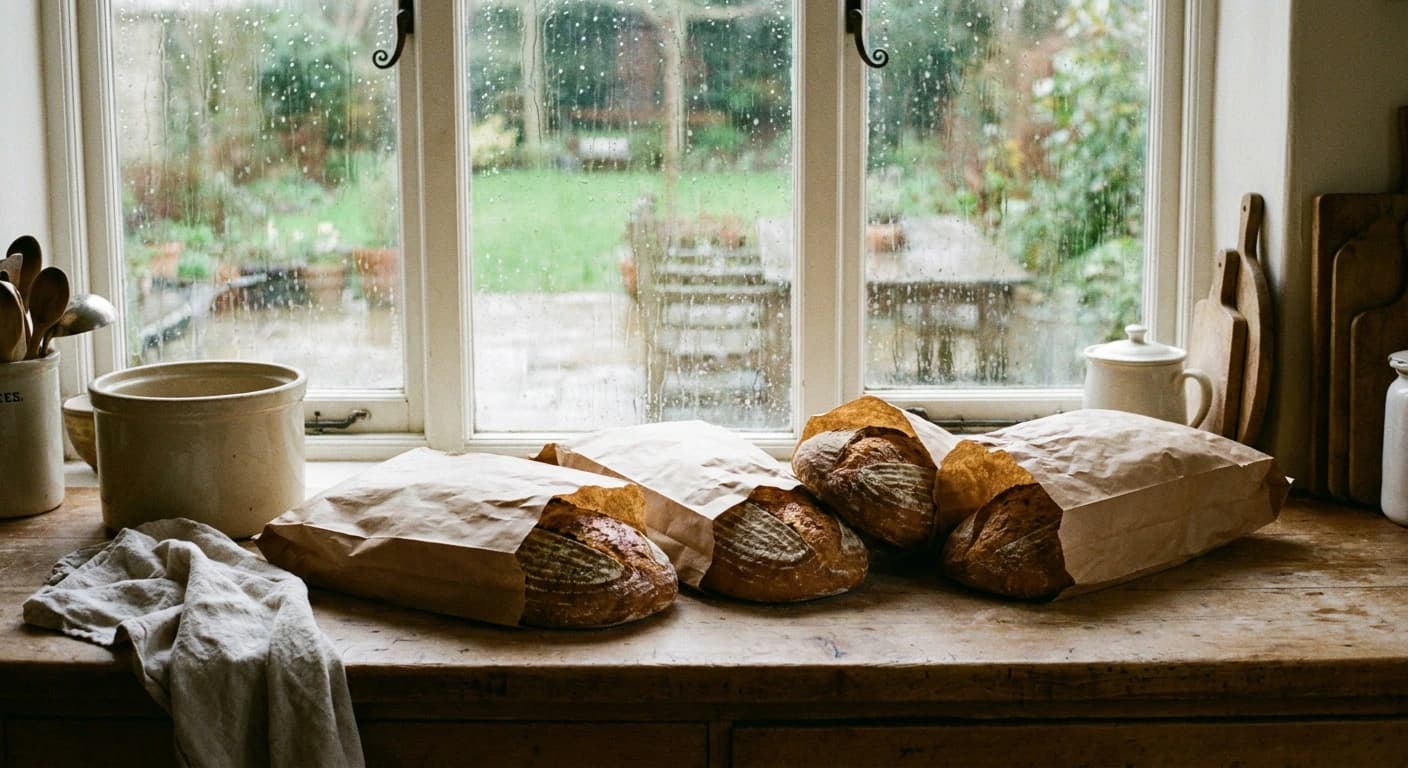 Paper bags of fresh sourdough loaves arranged on a rustic farmhouse kitchen counter beside a rain-streaked window, no people, no text or writing visible on bags