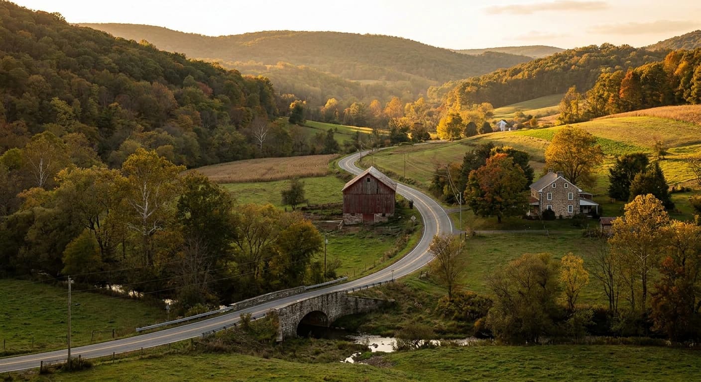 Red barn and rolling green hills in Pennsylvania at golden hour