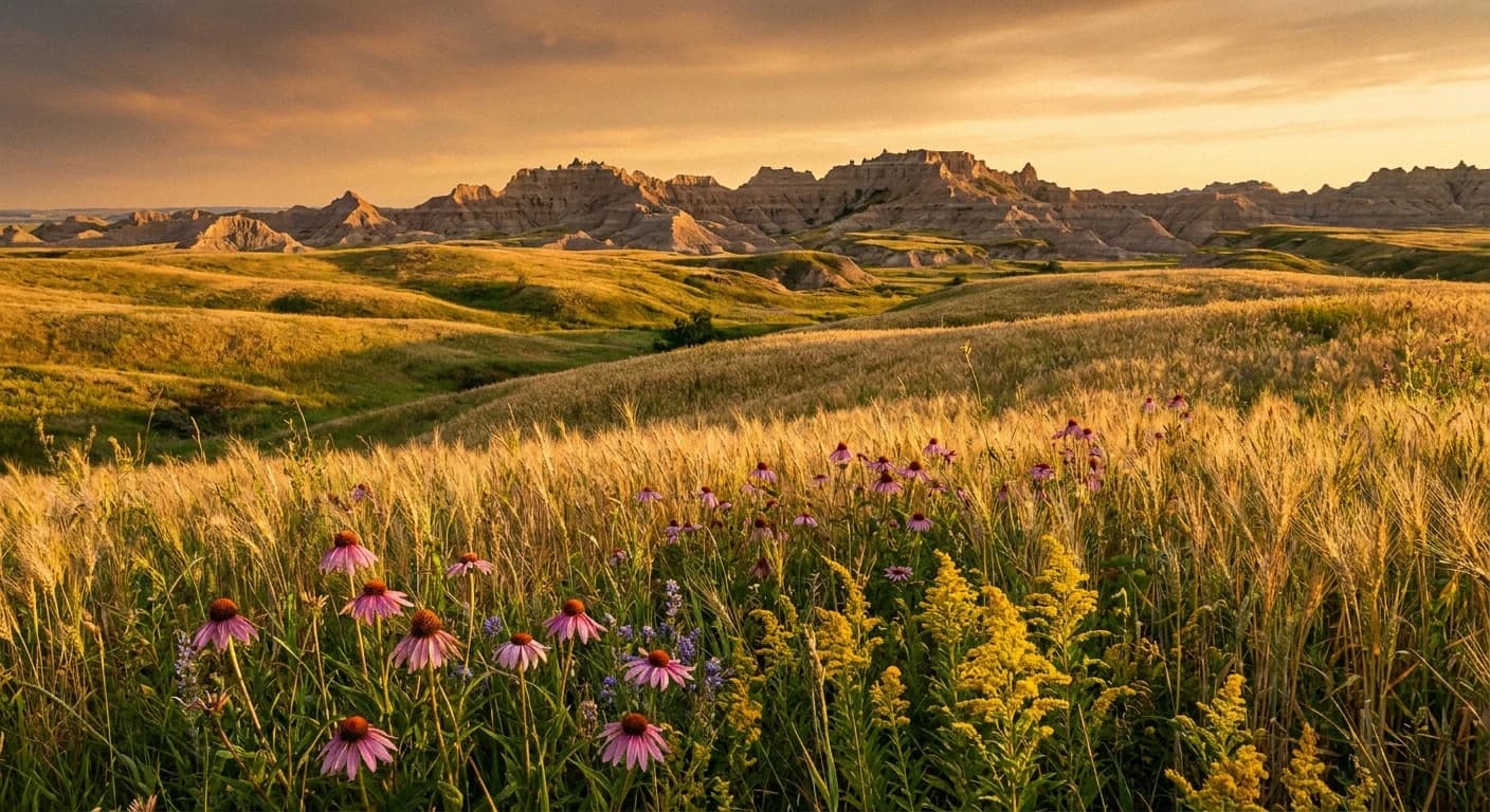 Editorial photograph of South Dakota grasslands at golden hour, rolling prairie with wheat shafts and wildflowers in foreground, Badlands buttes in distance, no people, no text, no logos, documentary photography style