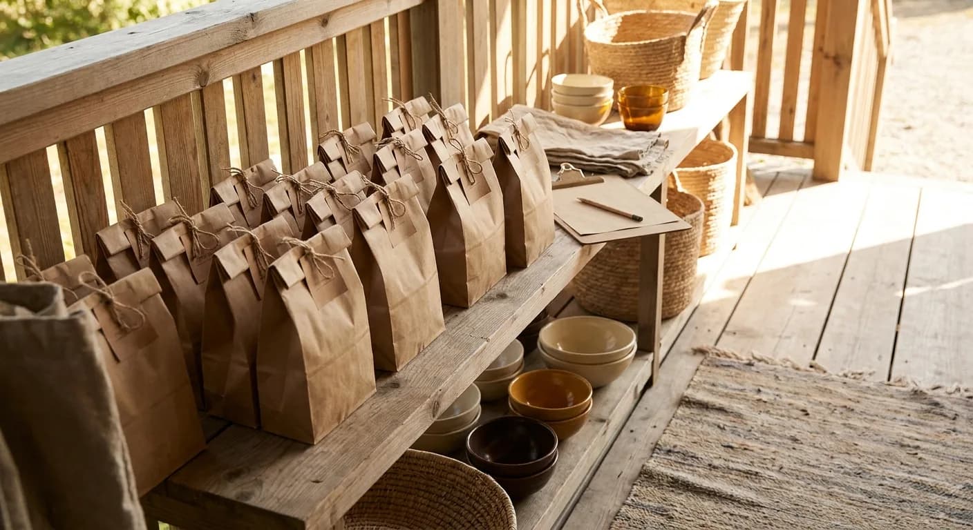 Close-up editorial photograph of a calm, orderly home-bakery pickup shelf on a wooden porch: neat rows of brown kraft paper bags of baked goods arranged in tidy order with a simple clipboard resting beside them, soft warm afternoon light, warm cream and kraft tones with amber and dark-brown accents, no faces, no phones, no screens, no readable text or writing, relaxed documentary style, muted earthy palette conveying calm and organization, not styled stock photography