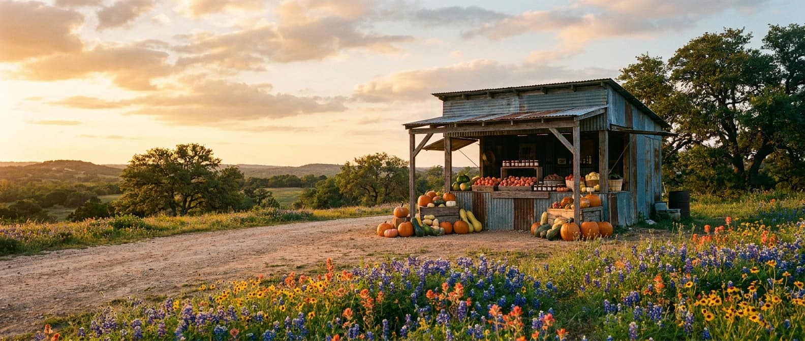 Texas Hill Country farm stand on a dusty road at golden hour