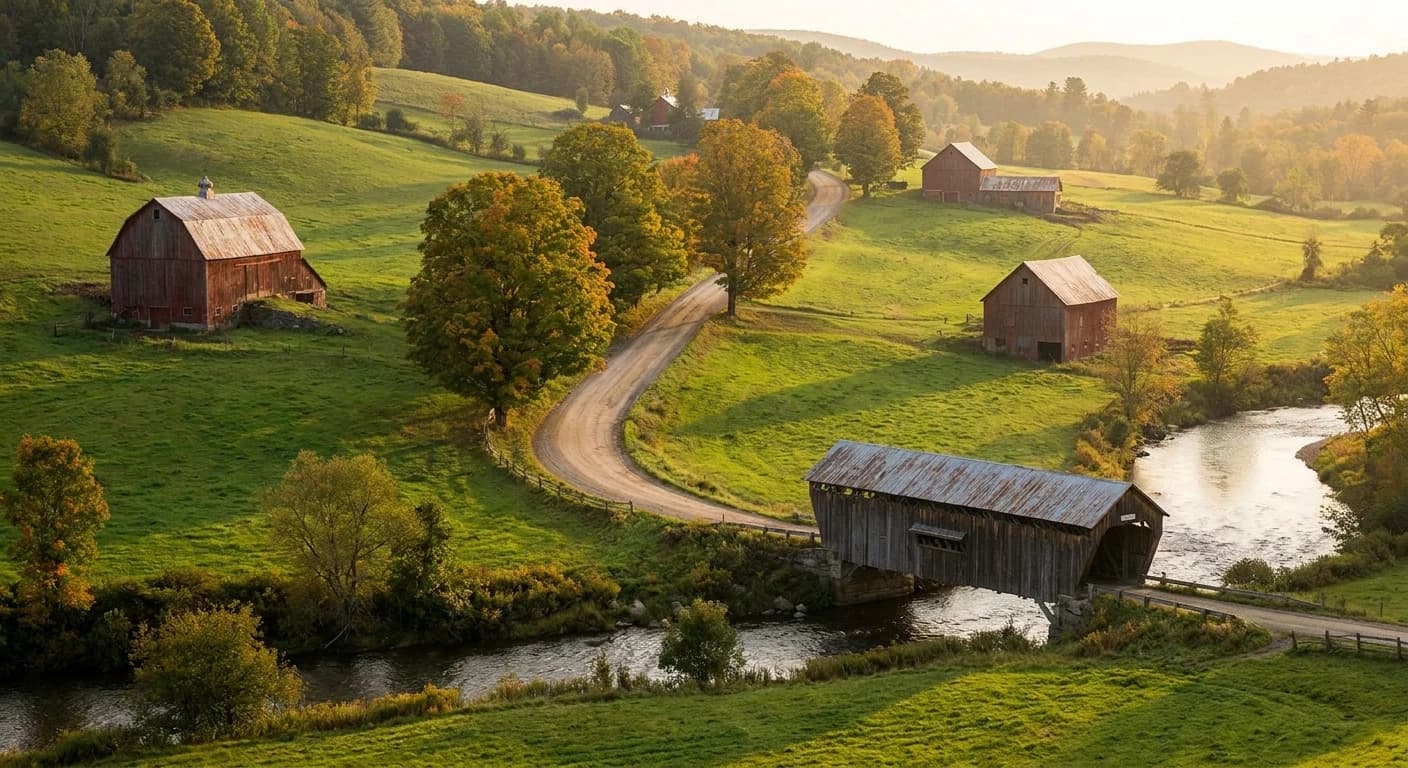 Vermont countryside with red barns, rolling hills, and a covered bridge in warm light