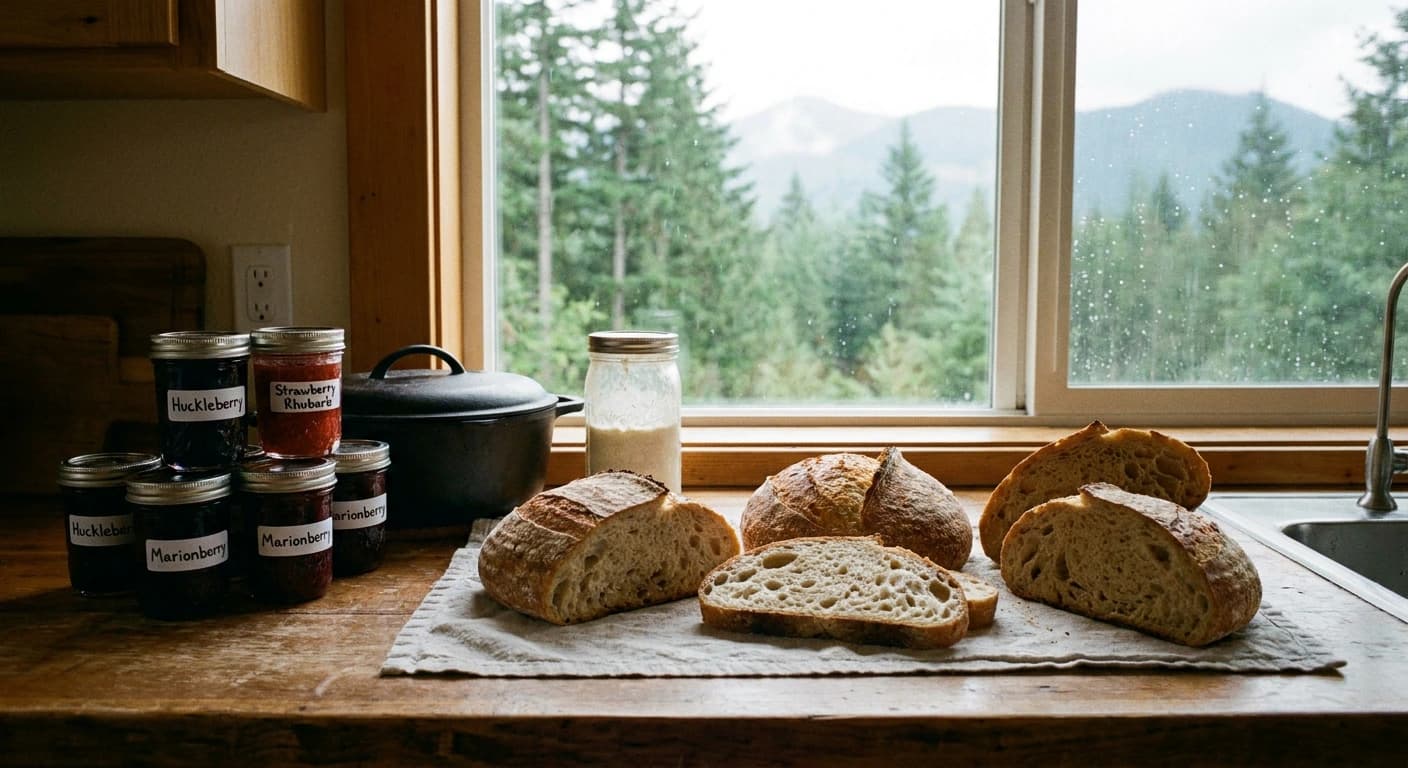 Washington state home kitchen with freshly baked sourdough bread and jars of jam on a wooden countertop