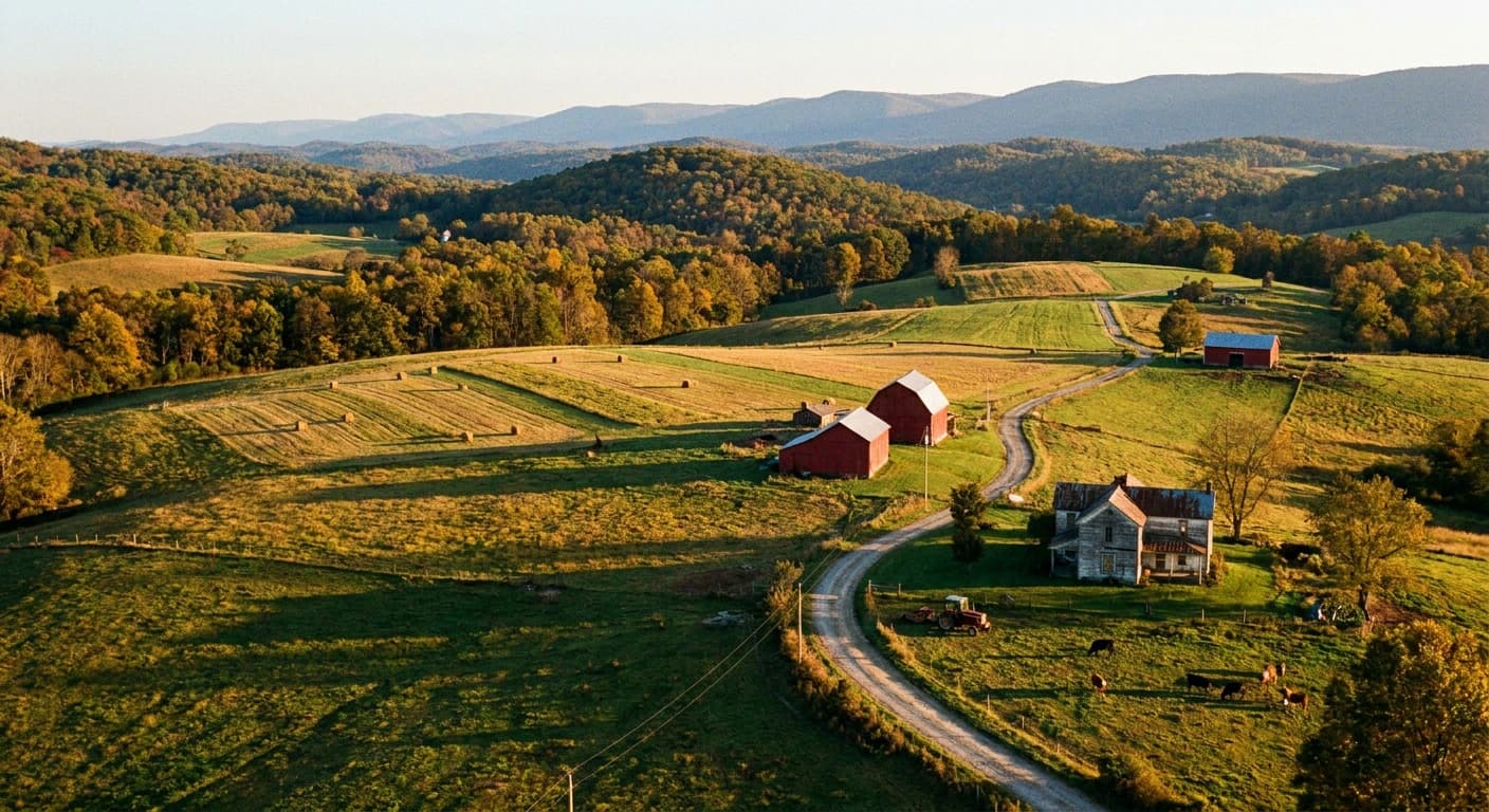 West Virginia rolling Appalachian hills and farmland at golden hour