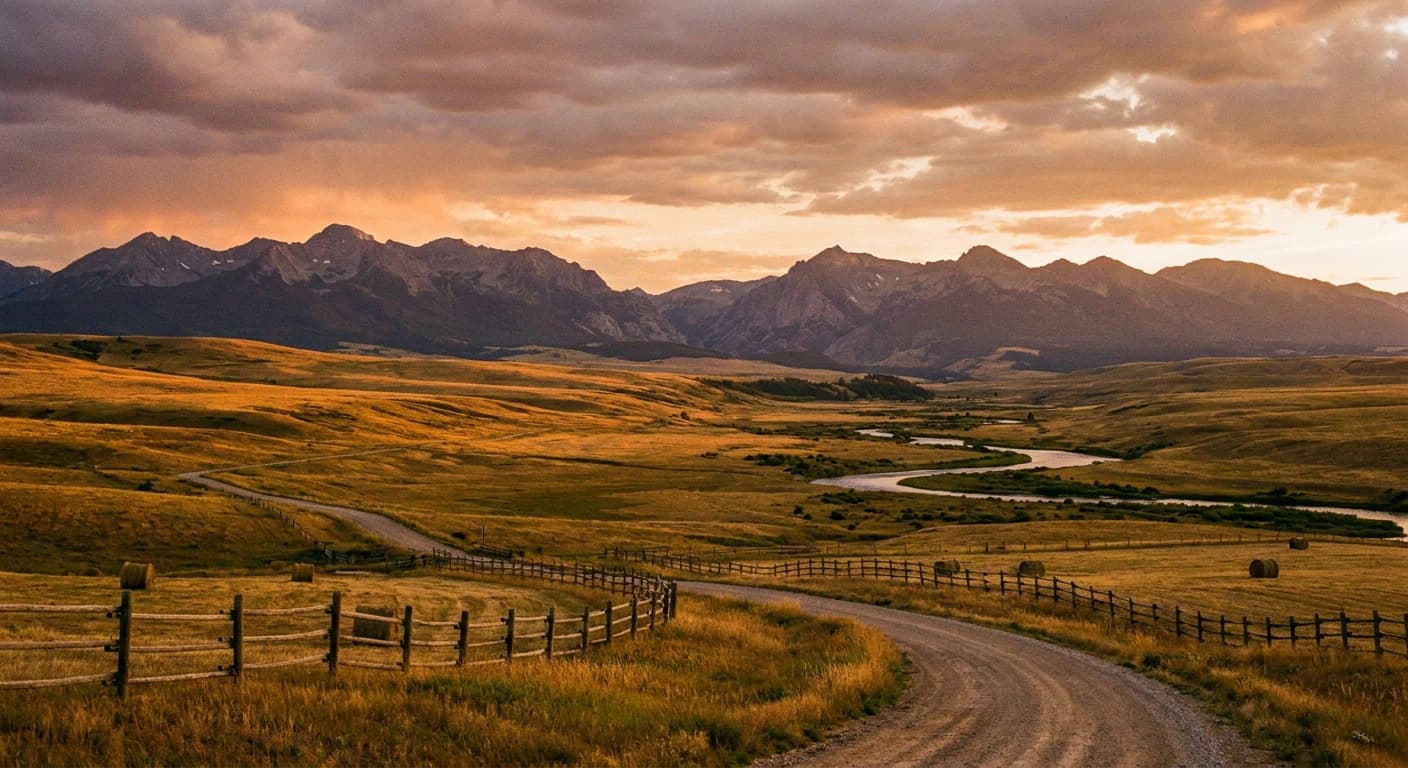Wyoming mountain range with rolling prairie foreground in warm sunset light